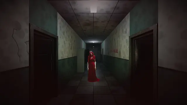 She waits at the far end of the corridor, between the open doors.