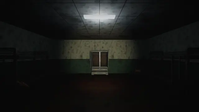 A hostel room with a stain on the floor in front of the wardrobe.
