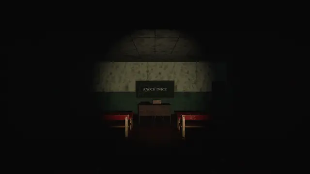 A dark classroom; the board says KNOCK TWICE.