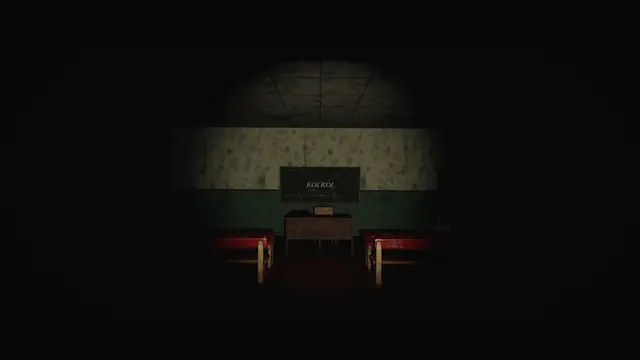The flashlight finds a blackboard that reads KOI KOI.