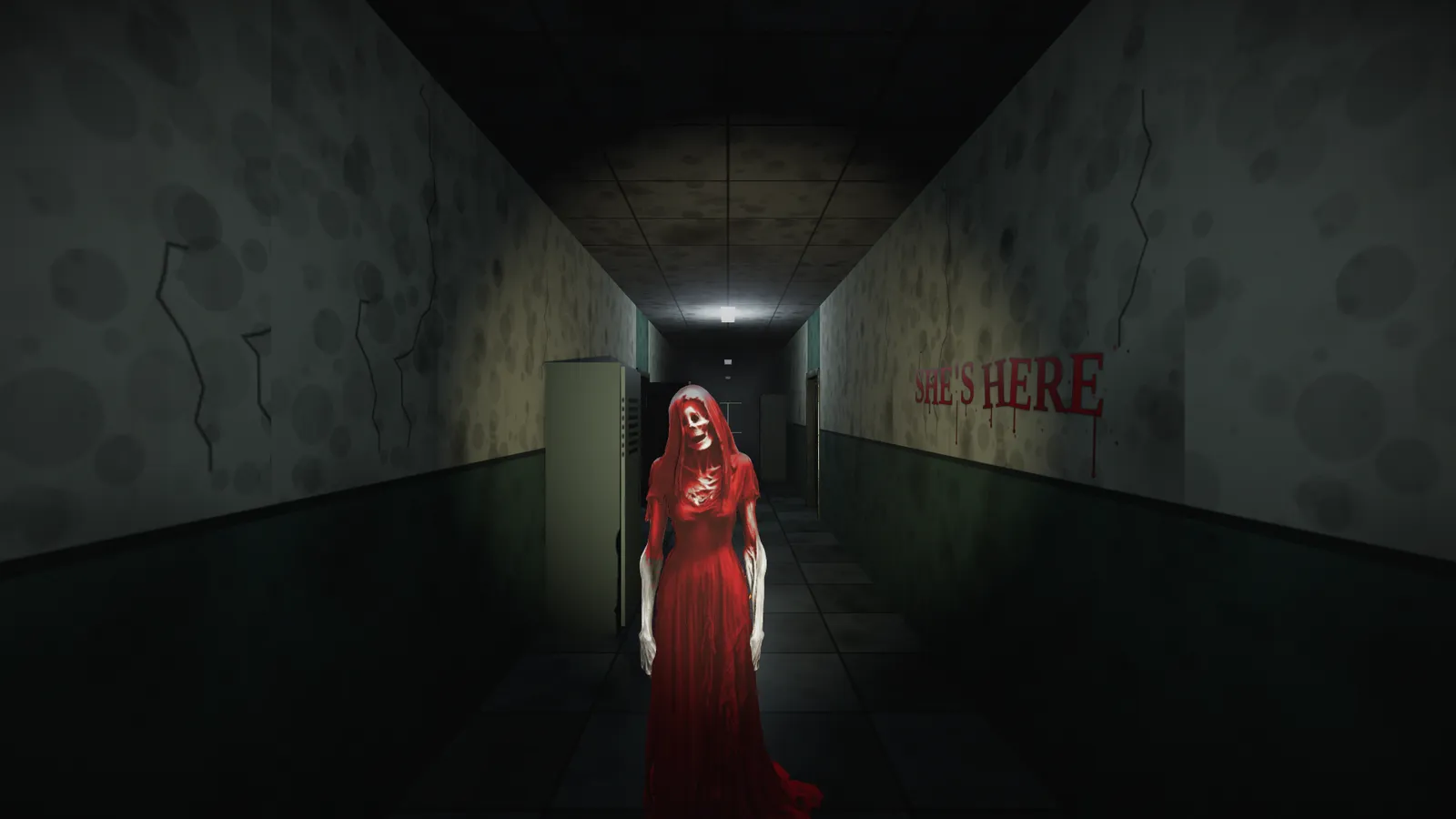 Madam Koi Koi in her red dress, standing in the school hallway under the words SHE'S HERE.
